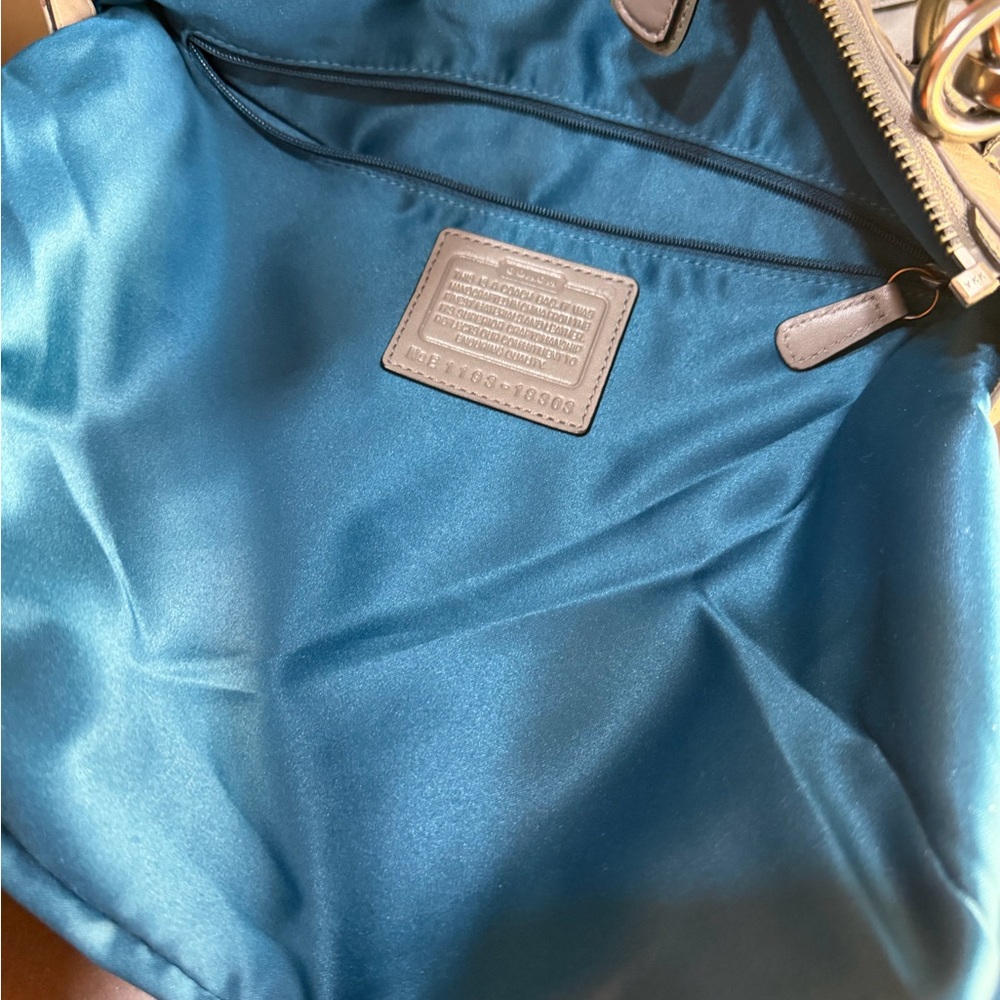 Coach Kristen Spectator Bag Expandable Grey Green Leather Zip Double Handle - Picture 9 of 16